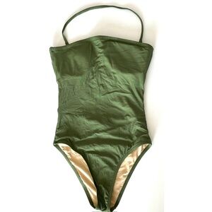 J Crew one piece swimsuit womens 4 green strapless Cross back bandeau shelf bra